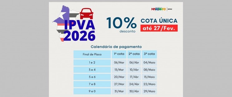 Sefaz-MA lança calendário IPVA 2026 com desconto de 10% em cota única até 27 de fevereiro